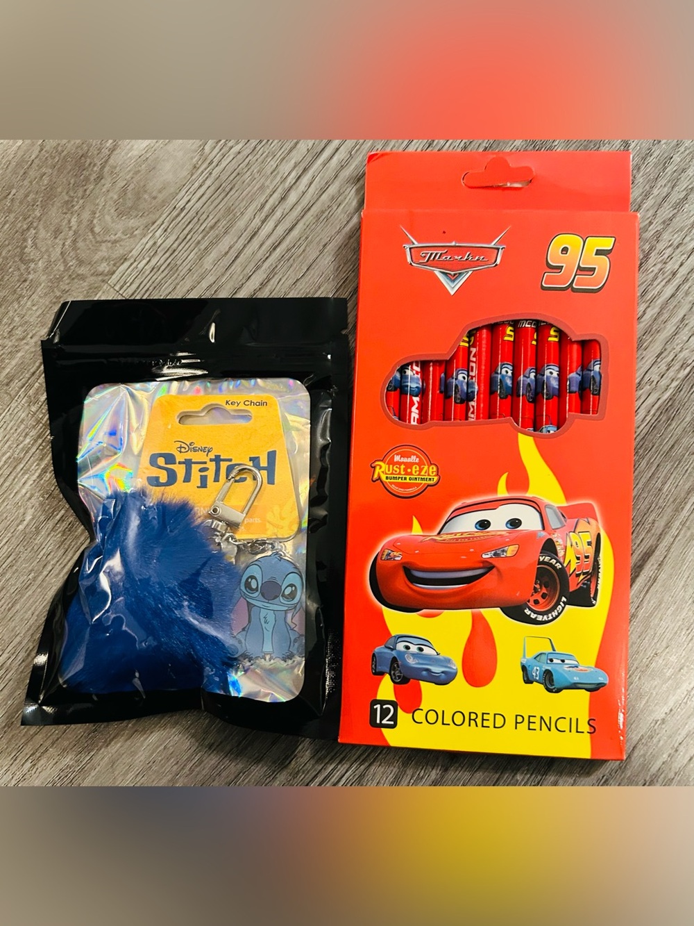 2/$16NWT Bundle of 2 Disney Stitch Blue Furry Keychain and Cars Colored Pencils